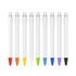 A row of plastic pens with creamy white barrels in various ink colours: red, orange, yellow, green, blue, and black.