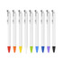 A collection of plastic pens with a creamy white barrel and various coloured tips: orange, yellow, green, blue, and black.