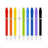 A collection of plastic pens in red, orange, yellow, green, white, blue, black, and purple, featuring shiny silver tips.