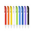 A set of plastic pens in vibrant colours: red, orange, yellow, green, white, blue, purple, and black, with silver tips and clips.