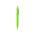 A bright green plastic pen with a clip, featuring a sleek design. The pen includes a logo.