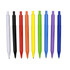 A collection of plastic pens in white, black, red, orange, yellow, green, blue, and purple with a logo.