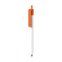 A push button pen with a creamy white barrel and an orange clip, featuring a logo on the barrel.