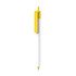 A push button pen with a creamy white barrel and a yellow clip, featuring a logo.
