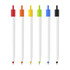 A collection of push button pens featuring creamy white barrels with caps in red, orange, yellow, green, blue, and black.