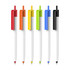 A selection of plastic push button pens with creamy white barrels and coloured grips: red, orange, yellow, green, blue, and black.