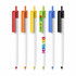 A collection of push button pens with creamy white barrels and coloured caps, including red, orange, yellow, blue, and black.