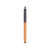 A push button pen with a colour barrel in orange and a black cap, featuring a logo on the barrel.