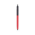 A push button pen featuring a bright red barrel and a black cap, complete with a logo on the cap.