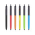 A collection of push button pens with black caps and colour barrels in black, red, orange, yellow, green, and blue.