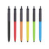 A collection of push button pens featuring black caps and coloured barrels in black, red, orange, yellow, green, and blue.