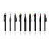 A lineup of black plastic pens with various coloured tips—yellow, red, and black—featuring a sleek barrel design.