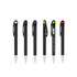 A collection of black barrel plastic pens with colourful top accents and various designs, featuring silver tips.