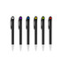A set of black barrel pens with colourful tops in blue, orange, purple, and yellow. Each pen features a clip.