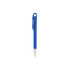 A blue plastic pen with a silver tip and a loop on the cap. It features a logo on the barrel.