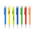 Coloured plastic pens in blue, yellow, green, red, and orange, featuring different designs and a small logo.