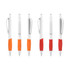 A collection of plastic pens with creamy white barrels and coloured grips in orange and red shades. Each pen features a clip.