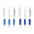 A collection of plastic pens with creamy white barrels and blue grips, featuring clips and a sleek design.