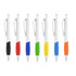 A selection of plastic pens featuring creamy white barrels with various coloured grips: black, red, blue, green, yellow, and orange.