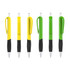 A collection of plastic pens featuring yellow and green barrels with black grips, displaying a logo on each.