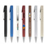 A collection of seven plastic pens in black, blue, white, brown, bronze, silver, and features various designs and a logo.