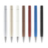 A row of seven plastic pens in silver, cream, brown, red, blue, and black, featuring a glossy spray finish and logos.
