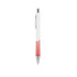 A plastic pen with a creamy white barrel and red accents, featuring a silver clip and tip.