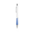 A plastic pen with a creamy white barrel and blue striped accents, featuring a silver clip and nib.