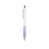 A creamy white pen with purple accents and a shiny silver clip, featuring a logo on the barrel.