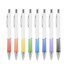 A set of eight colourful pens with creamy white barrels, featuring different vibrant colours at the base and silver accents.