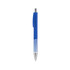 A blue plastic pen with a colour barrel design and a silver tip. It features a click mechanism and a branding logo. A blue plastic pen with a colour barrel design and a silver tip. It features a click mechanism and a branding logo.
