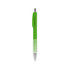 A green plastic pen with a silver tip and clip. The pen features a vibrant colour barrel design. A green plastic pen with a silver tip and clip. The pen features a vibrant colour barrel design.