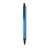 A blue pen with a sleek design and a black tip, featuring a clip and textured grip. It has branding on the body. A blue pen with a sleek design and a black tip, featuring a clip and textured grip. It has branding on the body.