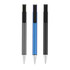 A set of three pens in grey, blue, and black, featuring a sleek design and clips. Each pen has a discreet logo.
