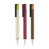 Three pens in silver, red, and brown, featuring sleek designs and clips. The pens have a branding logo on one side.