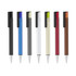 A collection of metal pens in various colours including black, blue, green, silver, red, and brown, with clips and logos.