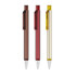 A collection of flat plastic pens in brown, red, and yellow, each featuring a clip and a logo.