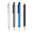 A collection of four Flat Pens in silver, grey, blue, and black, each with a clip and a clear accent.