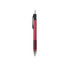 A plastic pen in a vibrant red colour with a black grip and clip, featuring a logo on the body.