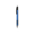A blue plastic pen with a black grip and clip. It has a simple design and a silver tip.