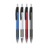 Four plastic pens in blue, silver, red, and black with rubber grips and a logo.