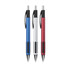 A set of three plastic pens in blue, silver, and red with black grips and a logo on each pen.