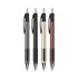 A set of four plastic pens in black, grey, gold, and brown, featuring a logo on the barrel.