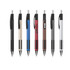 A collection of plastic pens in various colours including black, gold, blue, red, brown, and grey, each with a logo.