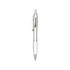 A sleek silver metal pen with a transparent grip and a branding logo on the side.