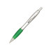 A silver metal pen with a green grip, featuring a logo on its body.