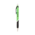 A green barrel ballpoint pen with a black grip and a silver clip, featuring a logo.