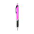 A pink and black barrel ball pen with a grip and a clip, featuring a logo on the side.