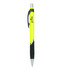 A bright yellow barrel ball pen with a black grip and silver accents, featuring branding on the side.