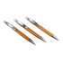 Three eco-friendly bamboo click pens with silver accents, featuring a sleek and natural design. Three eco-friendly bamboo click pens with silver accents, featuring a sleek and natural design.